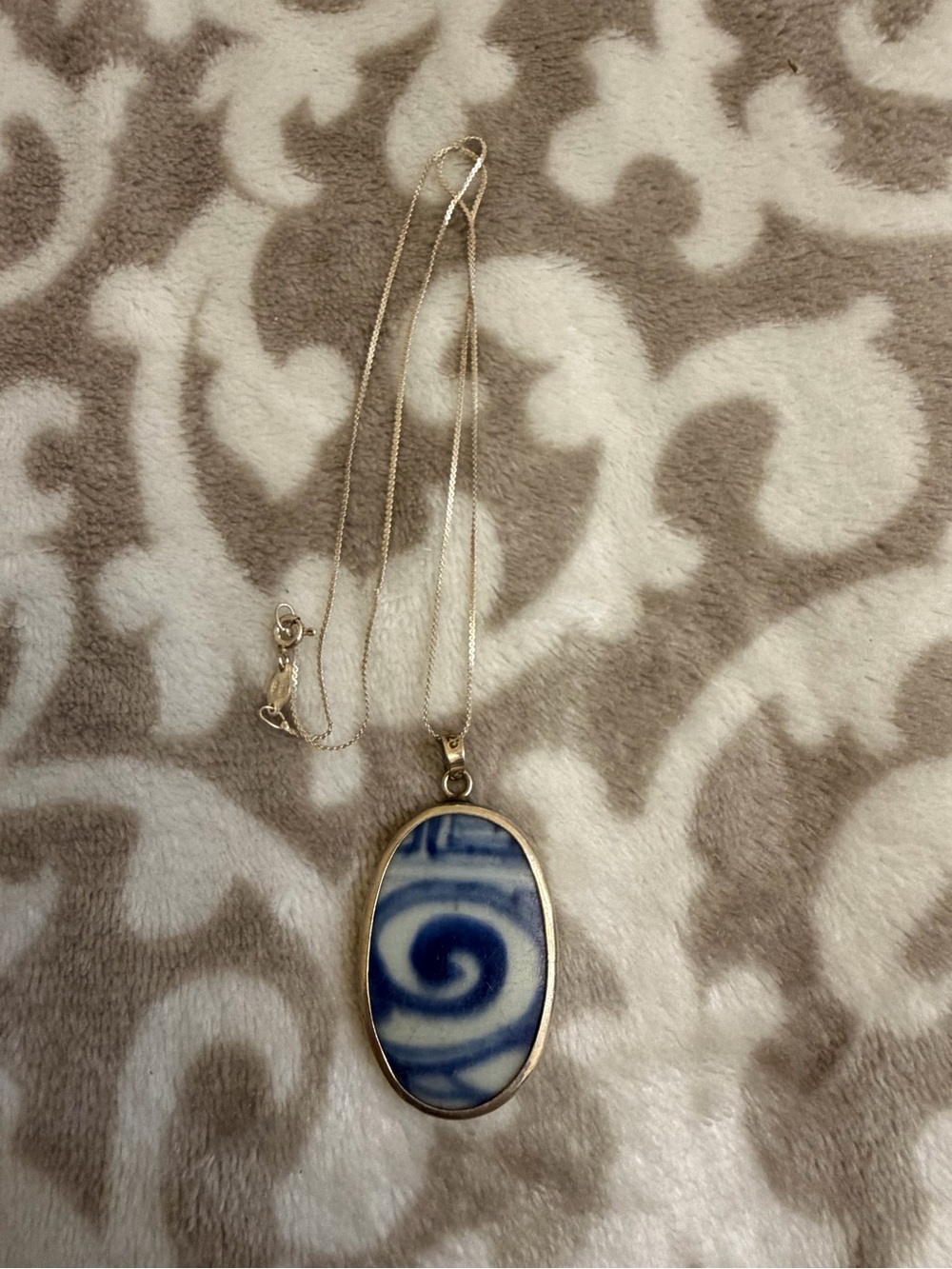 Antique Chinese Blue White Porcelain Shard Pendant Necklace 17.5" 925 Silver